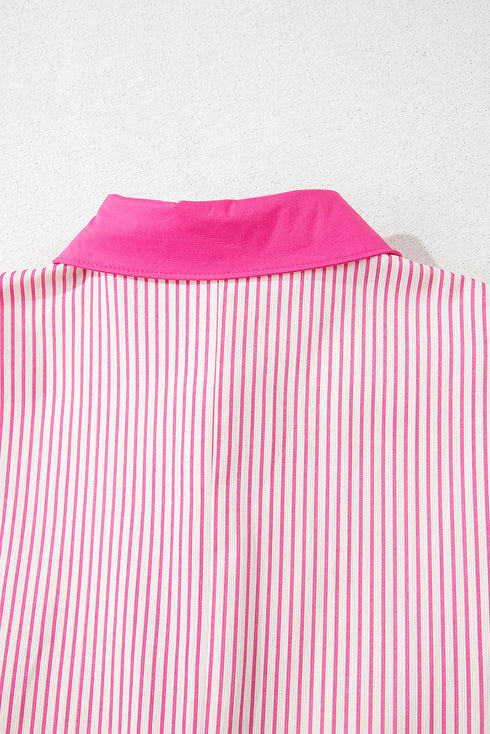 Stripe Color Block Patchwork Shirt Collar Button Down Puff Sleeve Mini Dress