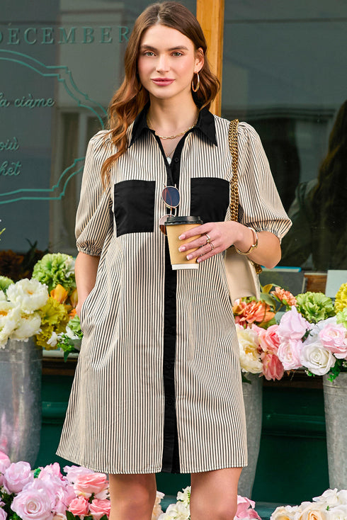 Stripe Color Block Patchwork Shirt Collar Button Down Puff Sleeve Mini Dress