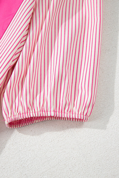 Stripe Color Block Patchwork Shirt Collar Button Down Puff Sleeve Mini Dress