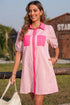 Stripe Color Block Patchwork Shirt Collar Button Down Puff Sleeve Mini Dress