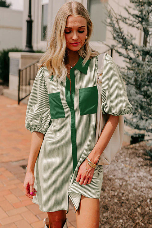 Stripe Color Block Patchwork Shirt Collar Button Down Puff Sleeve Mini Dress
