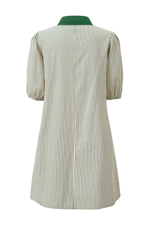 Stripe Color Block Patchwork Shirt Collar Button Down Puff Sleeve Mini Dress