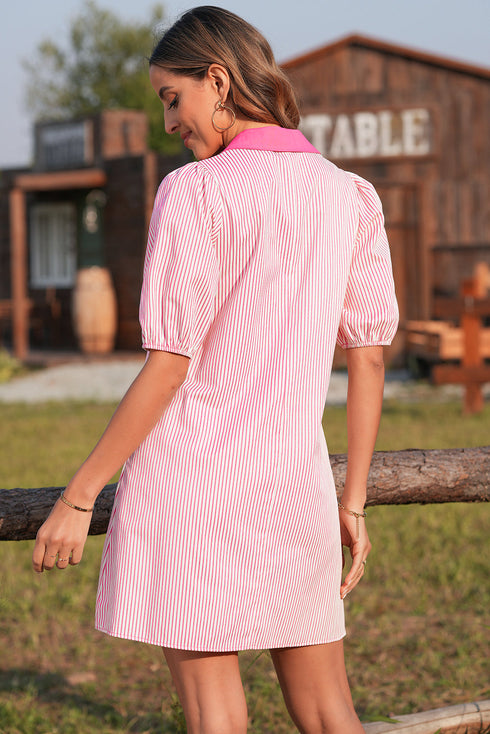 Stripe Color Block Patchwork Shirt Collar Button Down Puff Sleeve Mini Dress