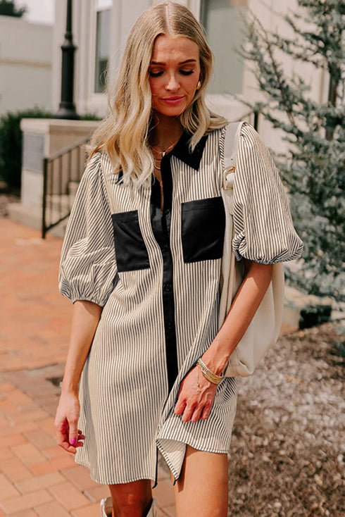 Stripe Color Block Patchwork Shirt Collar Button Down Puff Sleeve Mini Dress