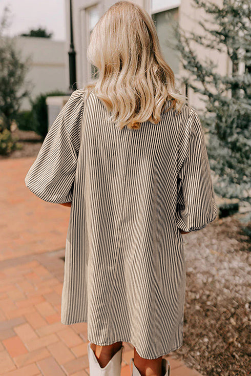 Stripe Color Block Patchwork Shirt Collar Button Down Puff Sleeve Mini Dress