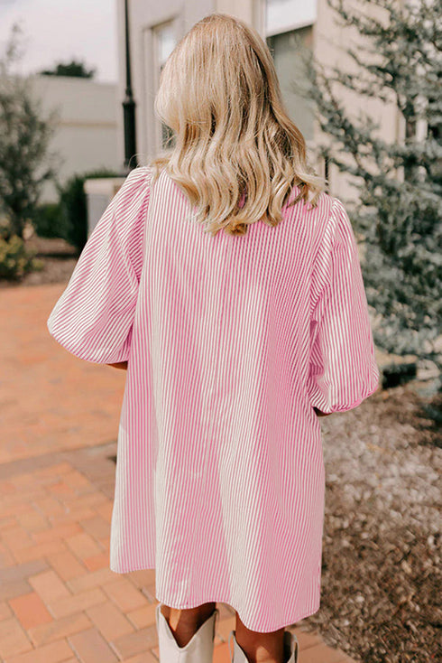 Stripe Color Block Patchwork Shirt Collar Button Down Puff Sleeve Mini Dress