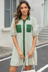 Stripe Color Block Patchwork Shirt Collar Button Down Puff Sleeve Mini Dress