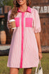 Stripe Color Block Patchwork Shirt Collar Button Down Puff Sleeve Mini Dress