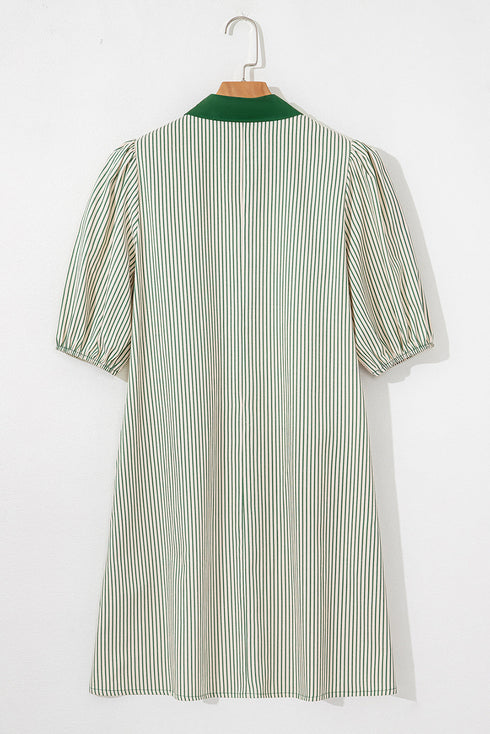 Stripe Color Block Patchwork Shirt Collar Button Down Puff Sleeve Mini Dress