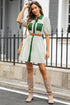 Stripe Color Block Patchwork Shirt Collar Button Down Puff Sleeve Mini Dress