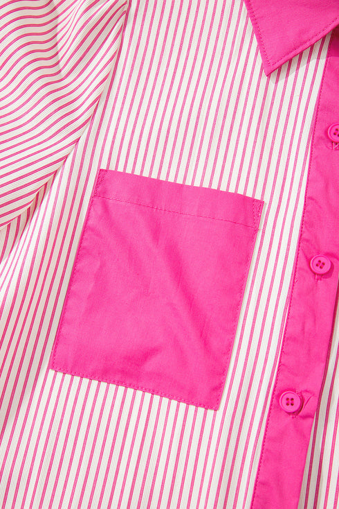 Stripe Color Block Patchwork Shirt Collar Button Down Puff Sleeve Mini Dress