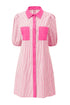Stripe Color Block Patchwork Shirt Collar Button Down Puff Sleeve Mini Dress