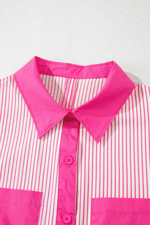 Stripe Color Block Patchwork Shirt Collar Button Down Puff Sleeve Mini Dress