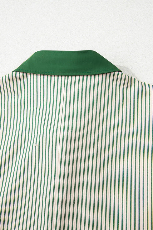 Stripe Color Block Patchwork Shirt Collar Button Down Puff Sleeve Mini Dress