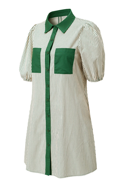 Stripe Color Block Patchwork Shirt Collar Button Down Puff Sleeve Mini Dress