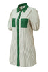 Stripe Color Block Patchwork Shirt Collar Button Down Puff Sleeve Mini Dress