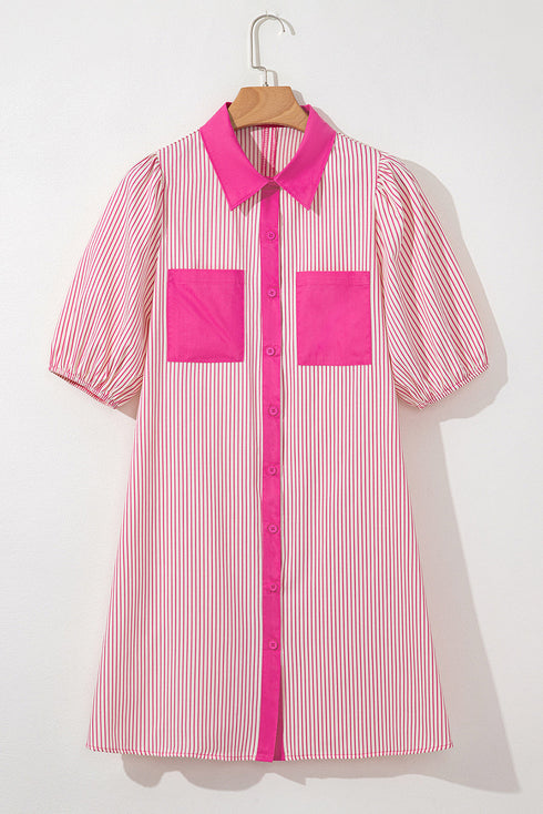 Stripe Color Block Patchwork Shirt Collar Button Down Puff Sleeve Mini Dress