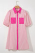 Stripe Color Block Patchwork Shirt Collar Button Down Puff Sleeve Mini Dress