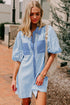 Stripe Color Block Patchwork Shirt Collar Button Down Puff Sleeve Mini Dress