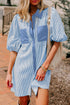 Stripe Color Block Patchwork Shirt Collar Button Down Puff Sleeve Mini Dress