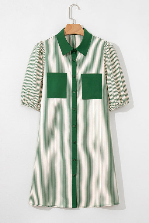 Stripe Color Block Patchwork Shirt Collar Button Down Puff Sleeve Mini Dress
