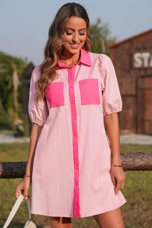 Stripe Color Block Patchwork Shirt Collar Button Down Puff Sleeve Mini Dress