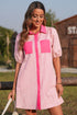 Stripe Color Block Patchwork Shirt Collar Button Down Puff Sleeve Mini Dress
