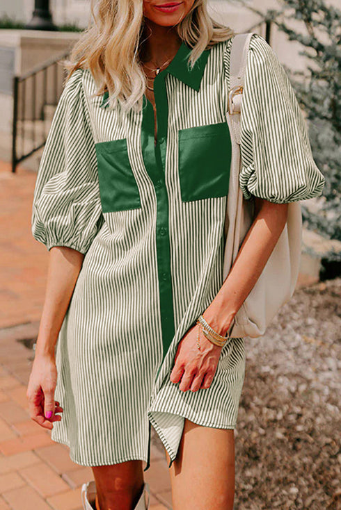 Stripe Color Block Patchwork Shirt Collar Button Down Puff Sleeve Mini Dress