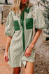 Stripe Color Block Patchwork Shirt Collar Button Down Puff Sleeve Mini Dress