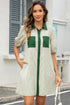 Stripe Color Block Patchwork Shirt Collar Button Down Puff Sleeve Mini Dress