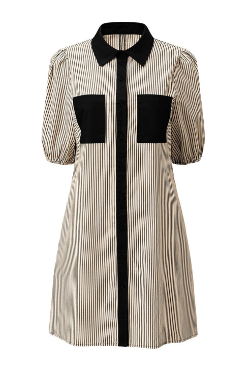 Stripe Color Block Patchwork Shirt Collar Button Down Puff Sleeve Mini Dress