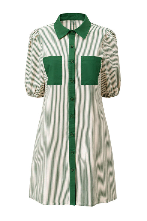 Stripe Color Block Patchwork Shirt Collar Button Down Puff Sleeve Mini Dress