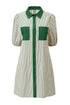 Stripe Color Block Patchwork Shirt Collar Button Down Puff Sleeve Mini Dress