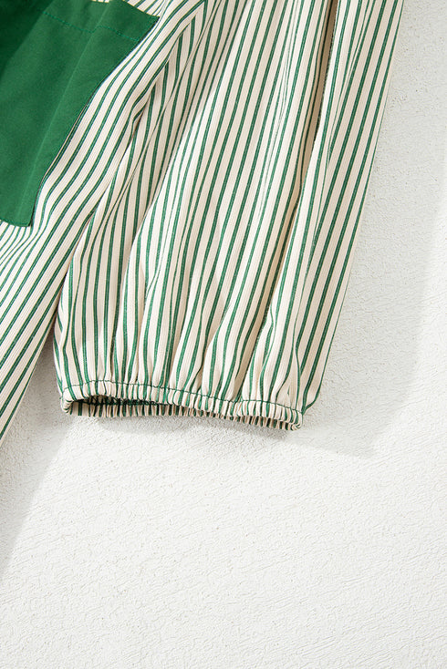 Stripe Color Block Patchwork Shirt Collar Button Down Puff Sleeve Mini Dress