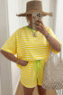 Stripe Contrast Neck Loose Tee Drawstring Short Sets