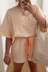 Stripe Contrast Neck Loose Tee Drawstring Short Sets