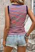 Stripe Contrast Round Neck Sleeveless Slim Top