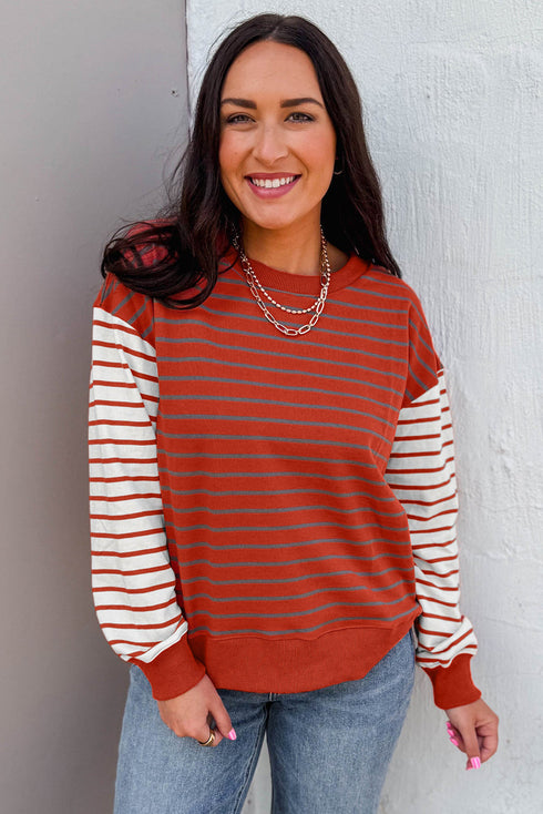 Stripe Contrast Sleeve Patchwork Drop Shoulder Crewneck Sweatshirt