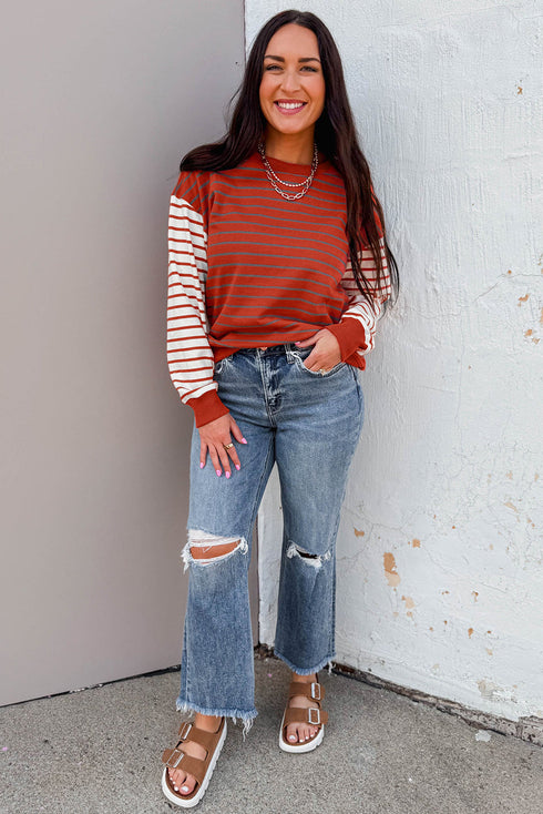 Stripe Contrast Sleeve Patchwork Drop Shoulder Crewneck Sweatshirt