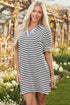 Stripe Contrast Trim Collared Puff Sleeve T Shirt Dress