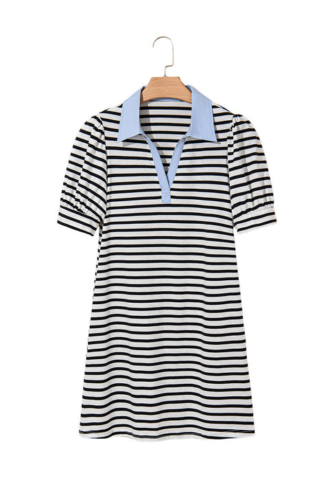 Stripe Contrast Trim Collared Puff Sleeve T Shirt Dress
