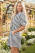 Stripe Contrast Trim Collared Puff Sleeve T Shirt Dress