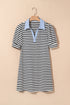 Stripe Contrast Trim Collared Puff Sleeve T Shirt Dress