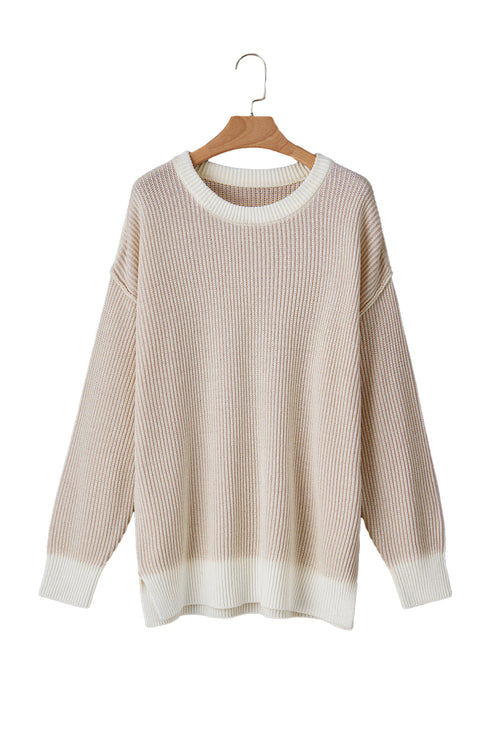 Stripe Contrast Trim Crew Neck Drop Shoulder Rib Knit Plus Size Sweater