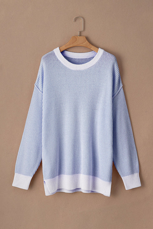 Stripe Contrast Trim Crew Neck Drop Shoulder Rib Knit Plus Size Sweater