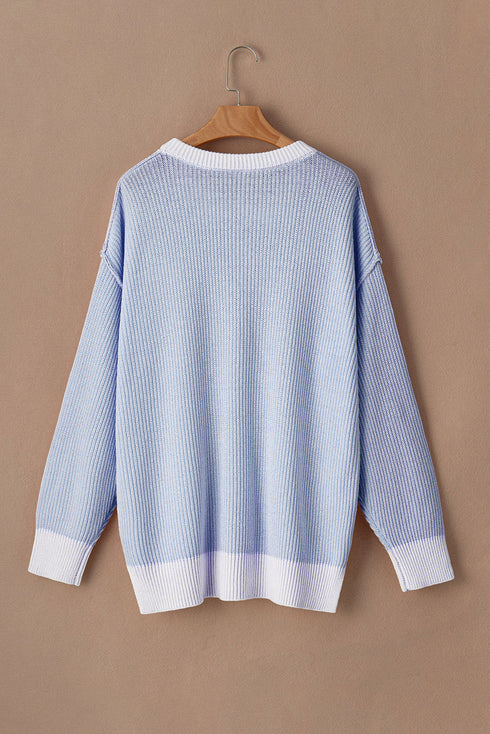 Stripe Contrast Trim Crew Neck Drop Shoulder Rib Knit Plus Size Sweater