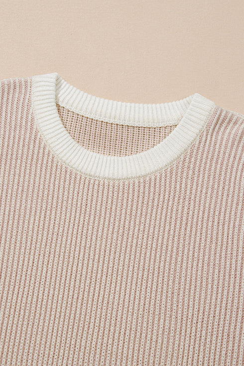 Stripe Contrast Trim Crew Neck Drop Shoulder Rib Knit Plus Size Sweater