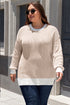Stripe Contrast Trim Crew Neck Drop Shoulder Rib Knit Plus Size Sweater
