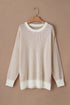 Stripe Contrast Trim Crew Neck Drop Shoulder Rib Knit Plus Size Sweater