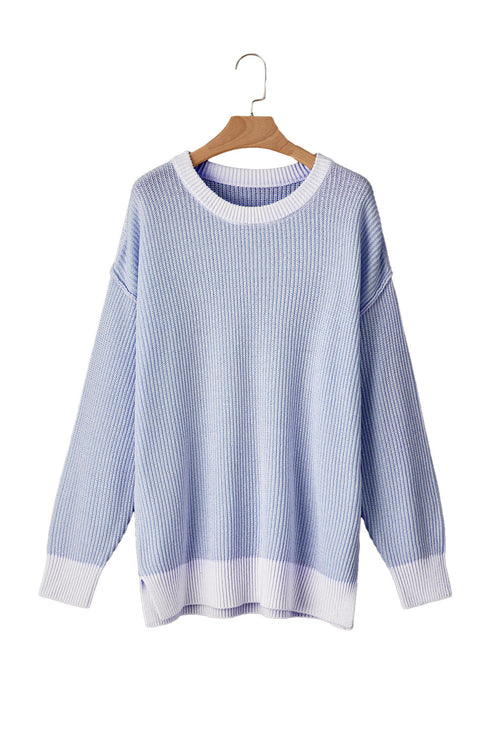 Stripe Contrast Trim Crew Neck Drop Shoulder Rib Knit Plus Size Sweater